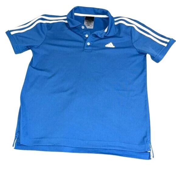 Adidas Blue Polo Shirt With White Stripes M Polyester boy's s Activewear - Picture 1 of 4